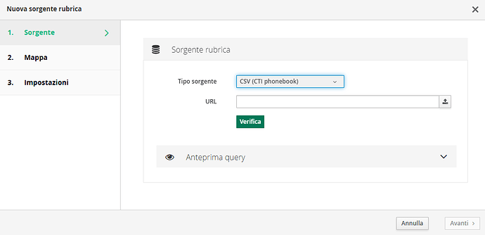 Nuova sorgente rubrica con tipo sorgente CSV (CTI phonebook)
